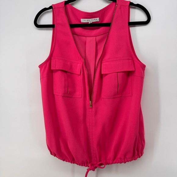 Trina Turk Pink Top Sleeveless Flap Pockets Cinched Medium - Picture 7 of 8